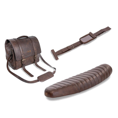 Kit with Leather Bench Seat Straps Bags for Triumph Liquid-Cooled Brown Tobacco Linear